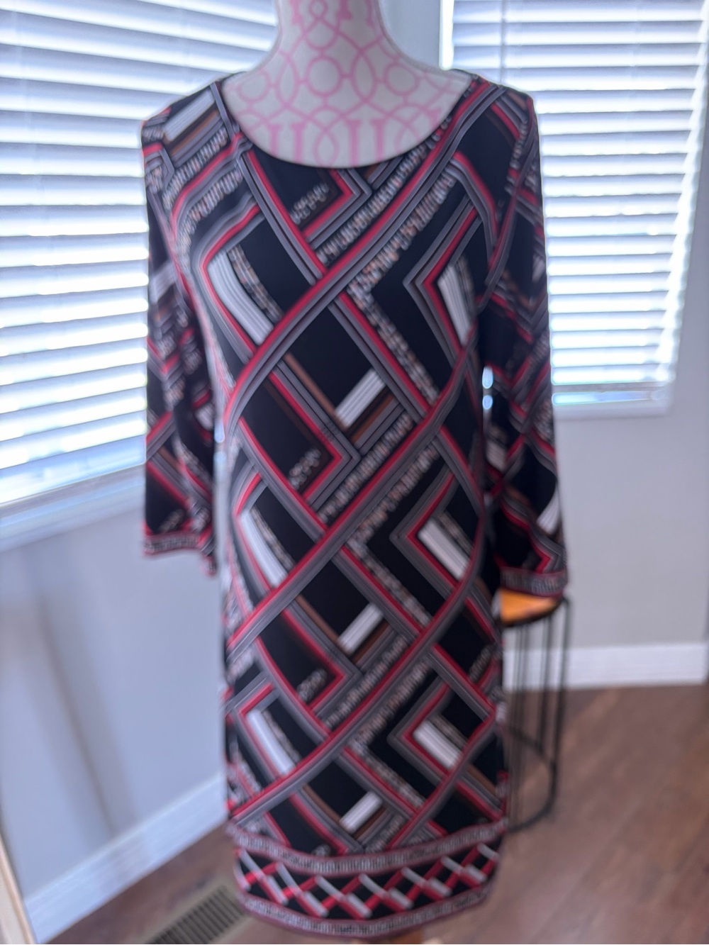 Black Geometric Print Shift Dress with Red and White Accents